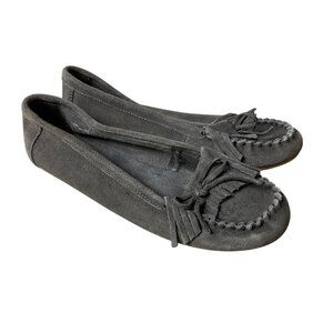 Minnetonka Kilty Suede Leather Fringe Moccasins Gray Sz 8.5 Comfort Slip On